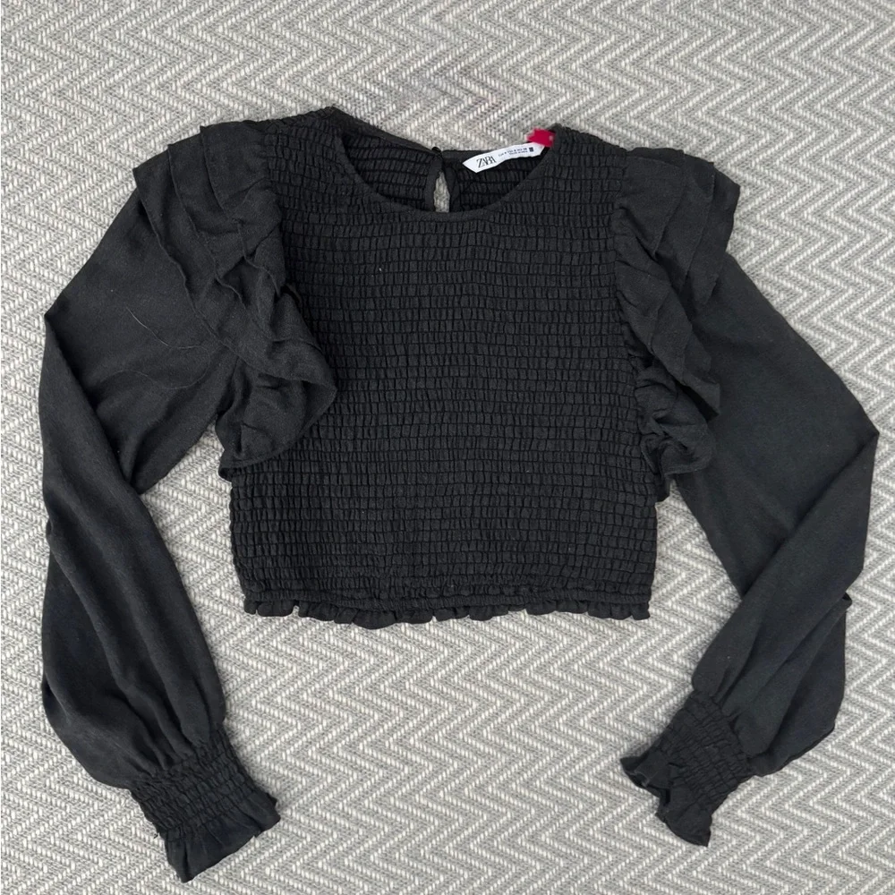 NWT Zara Smocked Crop Top Blouse Black Ruffle Romantic Coquette S